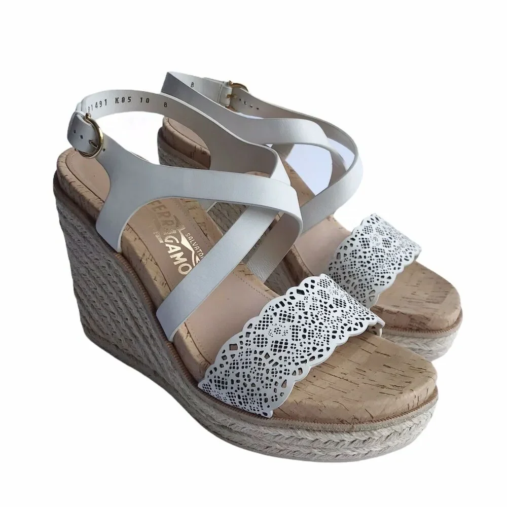 Ferragamo Gioela Wedges Espadrilles Size 40 Lait Rope Wrapped High Heel Sandals
